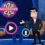 Anfitrión animado en un estudio con pantallas, asientos vacíos y un logotipo que dice Millionaire