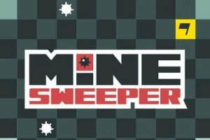 Texto MINE SWEEPER en letras grandes sobre un fondo de cuadros oscuros con tres iconos de explosión y el número siete en un cuadro amarillo