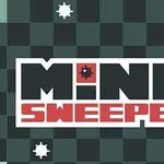 Texto MINE SWEEPER en letras grandes sobre un fondo de cuadros oscuros con tres iconos de explosión y el número siete en un cuadro amarillo