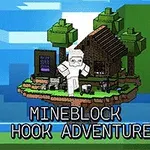 Un personaje pixelado con armadura blanca frente a una casa de madera y árboles en una isla flotante, con las palabras MINEBLOCK HOOK ADVENTURE
