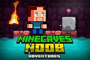 Personaje pixelado con barba en una cueva junto a una antorcha y un bloque gris, rodeado de agua y con una gema rosa flotante