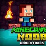 Personaje pixelado con barba en una cueva junto a una antorcha y un bloque gris, rodeado de agua y con una gema rosa flotante