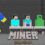 Personajes y criaturas pixeladas en un carrito minero sobre un fondo de ladrillos grises, con un personaje azul grande a la izquierda
