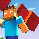 Personaje de block con camisa azul sosteniendo un pico dorado, rodeado de bloques y un cielo azul de fondo