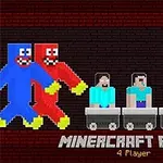 Personajes pixelados de colores en carritos sobre un fondo oscuro con el texto Miner Craft Party 4 Player