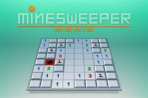 Tablero de juego de casillas numeradas con una mina descubierta, fondo verde y el título Minesweeper Mania