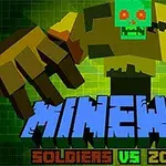 Zombie pixelado en estilo cúbico con letras en primer plano sobre un fondo verde cuadriculado