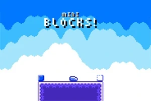 Título Mini Blocks con fondo de nubes en tonos azules y una plataforma violeta en la parte inferior