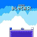Título Mini Blocks con fondo de nubes en tonos azules y una plataforma violeta en la parte inferior