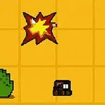 Personaje pixelado con sombrero rojo sosteniendo un arma, explosión y arbusto sobre fondo amarillo cuadriculado