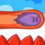 Una figura morada con expresión de enojo dentro de un tubo anaranjado en un fondo de nubes y un suelo de picos rojos