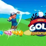 Un personaje sonriente jugando al golf en un campo verde con joyas de colores y un logotipo de aventuras de mini golf a un lado