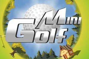 Título en letras plateadas delante de una pelota de golf grande, rodeada de árboles y una casa pequeña