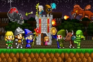 Personajes pixelados con vestimenta medieval enfrentándose a criaturas fantásticas frente a un castillo bajo un cielo estrellado