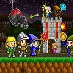 Personajes pixelados con vestimenta medieval enfrentándose a criaturas fantásticas frente a un castillo bajo un cielo estrellado