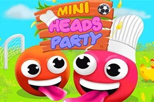 Dos caras caricaturescas con lenguas afuera, una con sombrero de chef, y un letrero que dice Mini Heads Party con fondo de campo y arco de fútbol
