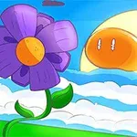 Flor morada con un centro amarillo frente a un paisaje de nubes y un sol de grandes ojos en el cielo azul