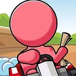 Personaje rosado conduciendo un kart rojo en una pista de carreras al aire libre