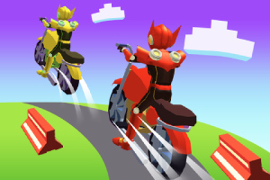 Dos personajes animados con trajes futuristas conducen motocicletas en una carretera curvada con barreras, bajo un cielo azul con nubes dispersas