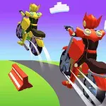 Dos personajes animados con trajes futuristas conducen motocicletas en una carretera curvada con barreras, bajo un cielo azul con nubes dispersas
