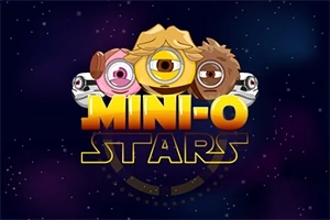 Personajes caricaturescos con un solo ojo y diferentes estilos sobre un texto amarillo que dice MINI-O STARS en un fondo estrellado
