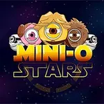 Personajes caricaturescos con un solo ojo y diferentes estilos sobre un texto amarillo que dice MINI-O STARS en un fondo estrellado