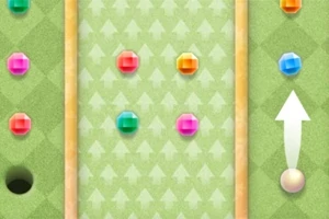 Fondo verde con patrones de flechas y diamantes de colores dispersos, junto a una flecha blanca apuntando hacia arriba y un agujero negro en la parte inferior izquierda
