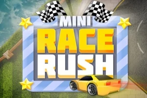 Cartel de carrera con el texto MINI RACE RUSH, un automóvil amarillo y banderas de cuadros en un diseño colorido