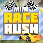 Cartel de carrera con el texto MINI RACE RUSH, un automóvil amarillo y banderas de cuadros en un diseño colorido