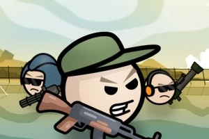 Personajes de estilo cómico armados, incluyendo uno con gorra verde y otro con auriculares, con un fondo de cielo y cerca