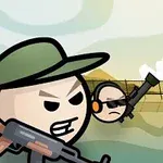 Personajes de estilo cómico armados, incluyendo uno con gorra verde y otro con auriculares, con un fondo de cielo y cerca