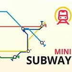 Mapa esquemático de líneas de metro multicolor con un ícono de tren rojo en un círculo amarillo y texto que dice Mini Subway