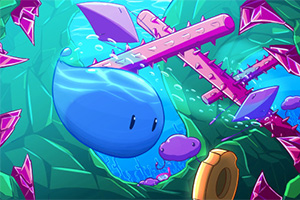 Una criatura gelatinosa azul en un paisaje submarino con estructuras rosadas espinosas y piezas angulares flotantes