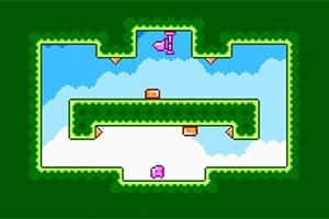 Escenario de plataforma retro con un camino delimitado por bordes verdes y un fondo azul cielo