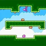 Escenario de plataforma retro con un camino delimitado por bordes verdes y un fondo azul cielo