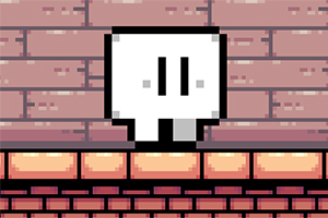 Personaje pixelado de forma cuadrada y color blanco frente a un fondo de ladrillos rosados y una plataforma marrón