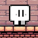 Personaje pixelado de forma cuadrada y color blanco frente a un fondo de ladrillos rosados y una plataforma marrón