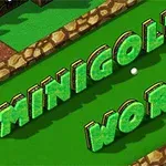 Texto en estilo tridimensional verde que dice MINIGOLF WORLD sobre un fondo de campo de golf en miniatura con bordes de piedra