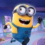 Un personaje amarillo con gafas y overol azul corriendo en un ambiente de aspecto futurista con juguetes al fondo