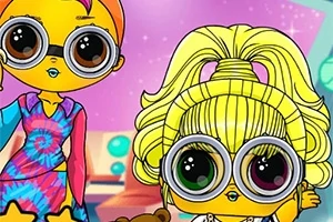 Dos personajes de dibujos animados con ojos grandes y gafas redondas, uno con cabello rubio recogido y otro con cabello corto y anaranjado, en un entorno colorido
