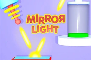 Texto Mirror Light con elementos de luz y un cilindro con líquido verde sobre un fondo morado