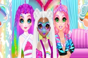 Tres chicas con maquillaje colorido y peinados de unicornio posan juntas frente a un fondo brillante y colorido