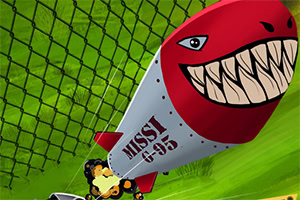 Misil caricaturizado con dientes afilados y la inscripción MISSY G-95 volando en un fondo verde