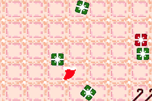 Un fondo de cuadros rosados con patrones geométricos y figuras pequeñas en verde y rojo distribuidas aleatoriamente