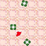 Un fondo de cuadros rosados con patrones geométricos y figuras pequeñas en verde y rojo distribuidas aleatoriamente