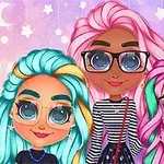 Tres personajes con grandes ojos y cabello de colores brillantes, usando gafas, posan sobre un fondo estrellado