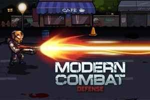 Un personaje disparando un arma de fuego con un destello brillante frente a un café, con el texto Modern Combat Defense en la parte inferior