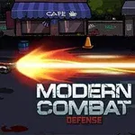 Un personaje disparando un arma de fuego con un destello brillante frente a un café, con el texto Modern Combat Defense en la parte inferior