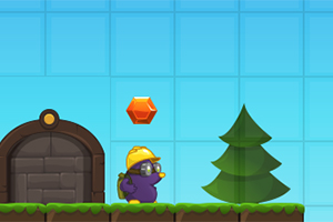 Personaje animado con casco amarillo y gafas junto a una gema naranja flotante y un árbol sobre un paisaje pixelado con puerta de piedra y cielo azul cuadrículado
