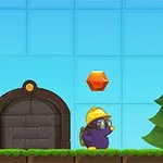 Personaje animado con casco amarillo y gafas junto a una gema naranja flotante y un árbol sobre un paisaje pixelado con puerta de piedra y cielo azul cuadrículado
